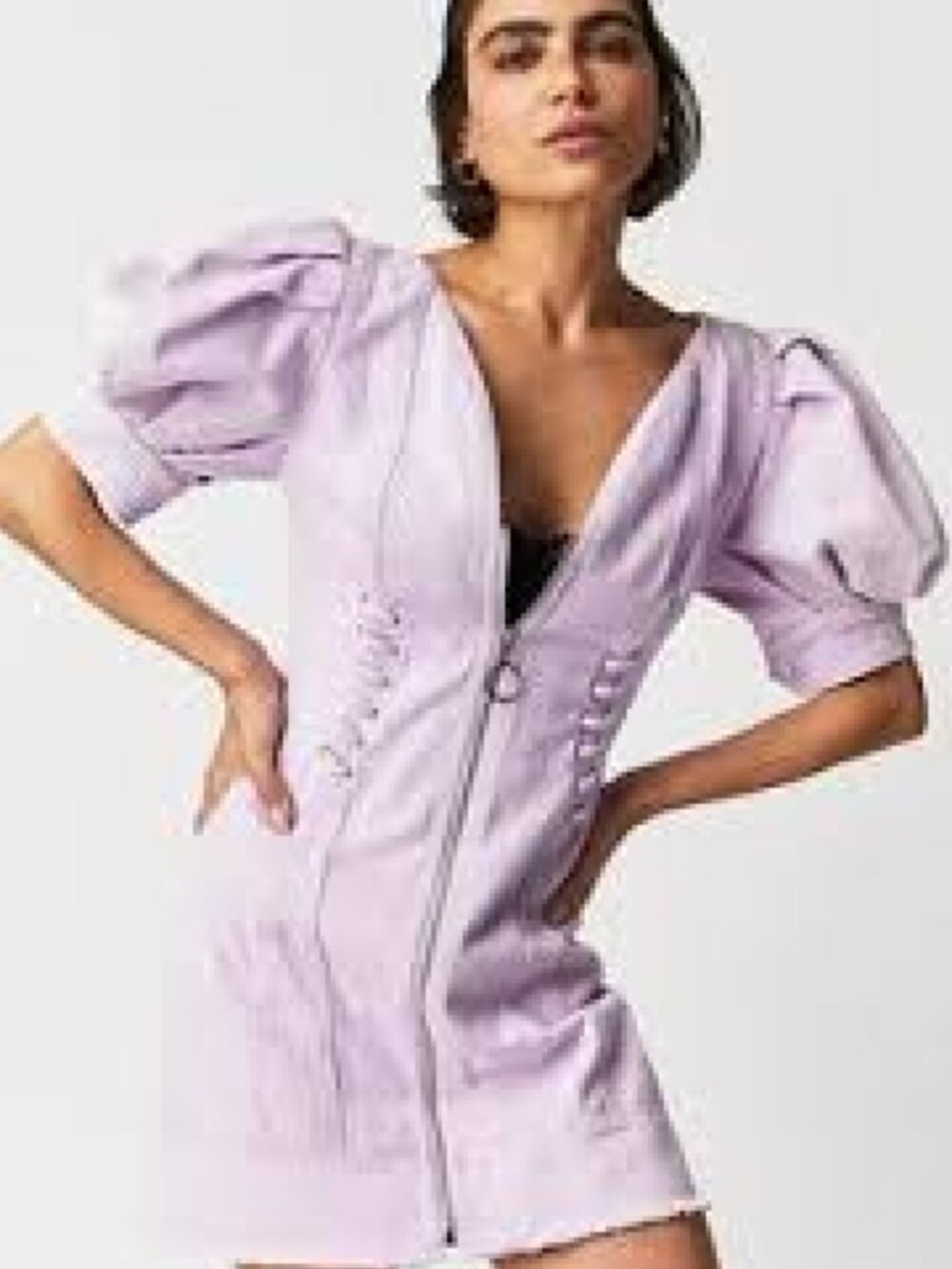 Elliatt Variation Puff Sleeve Zip-Front Light Purple V-Neck Denim Mini Dress, M